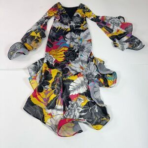 CqbyCq Maxi Dress Women Large Tiered Flare Sleeve Asymmetric Hem Floral Artsy